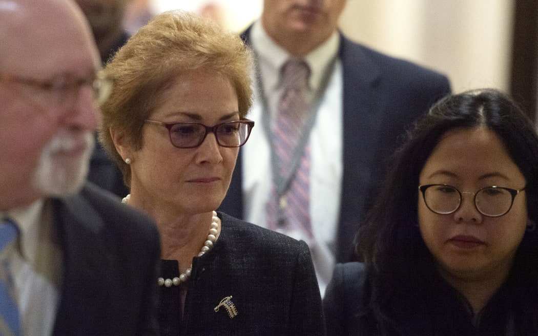 Former US Ambassador to Ukraine Marie Yovanovitch (C) arrives for a closed-doors deposition before members of the House of Representatives, on October 11, 2019, in Washington, DC.