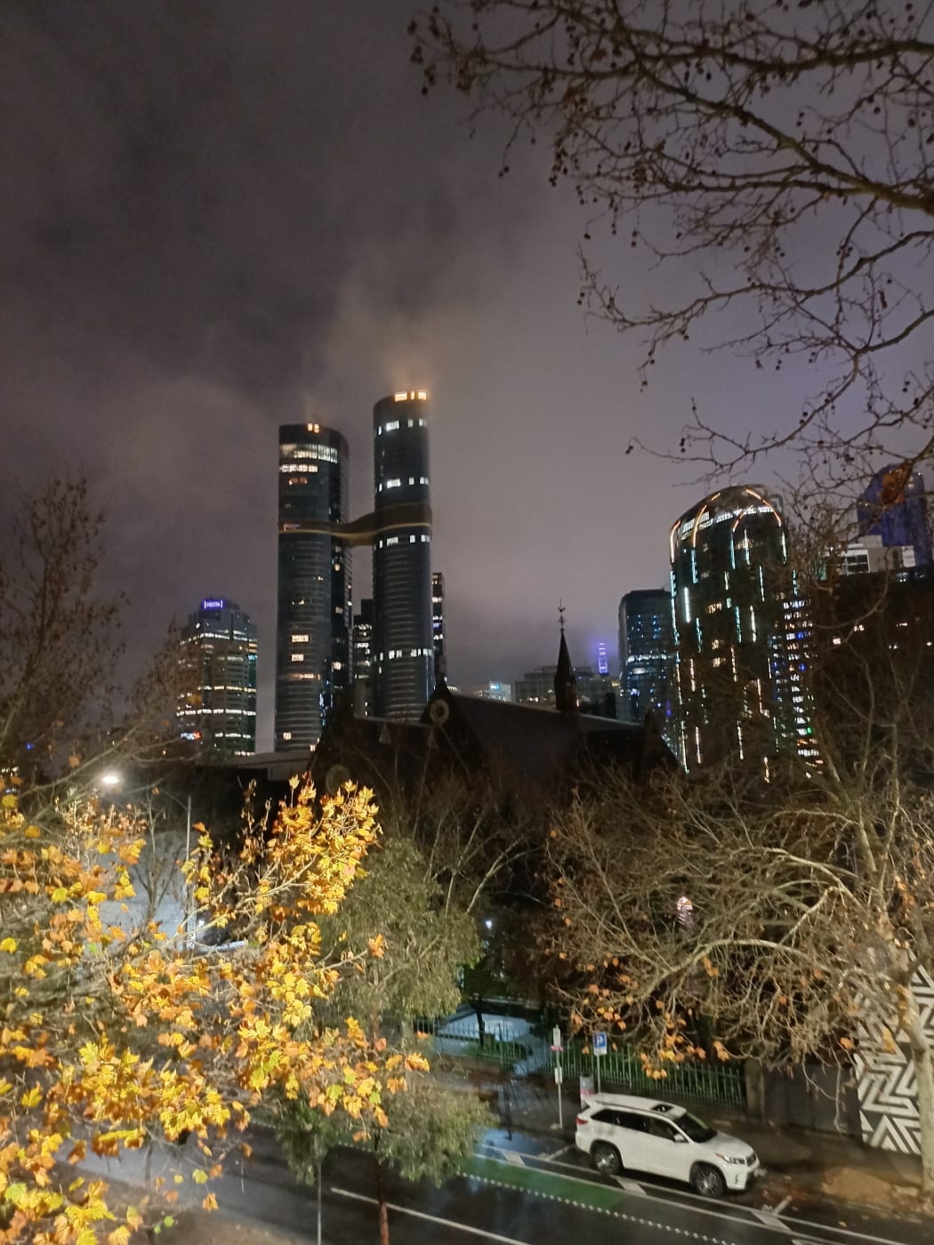 Melbourne in the rain after dark