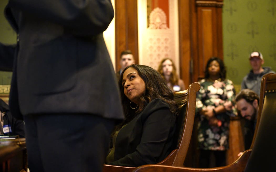 DES MOINES, IA - FEBRUARY 23: Maya Harris looks on as her sister, Democratic presidential candidate Sen. Kamala Harris (D-CA), fields questions at the Asian and Latino Coalition at the Iowa Statehouse on February 23, 2019 in Des Moines, Iowa. Harris spoke about immigration policy, college tuition, and gun control amongst other topics.   Stephen Maturen/Getty Images/AFP (Photo by Stephen Maturen / GETTY IMAGES NORTH AMERICA / Getty Images via AFP)