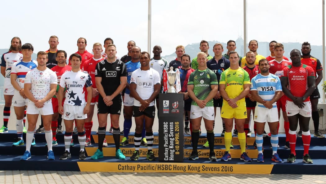 The captains of all 28 teams competing in Hong Kong pose for the camera.