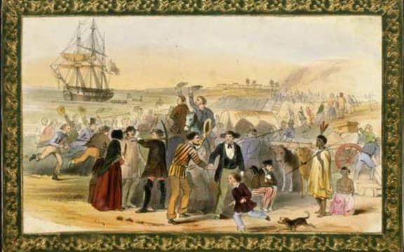 Lithograph by E. Noyce of NZ Settlers preparing to return to Britain