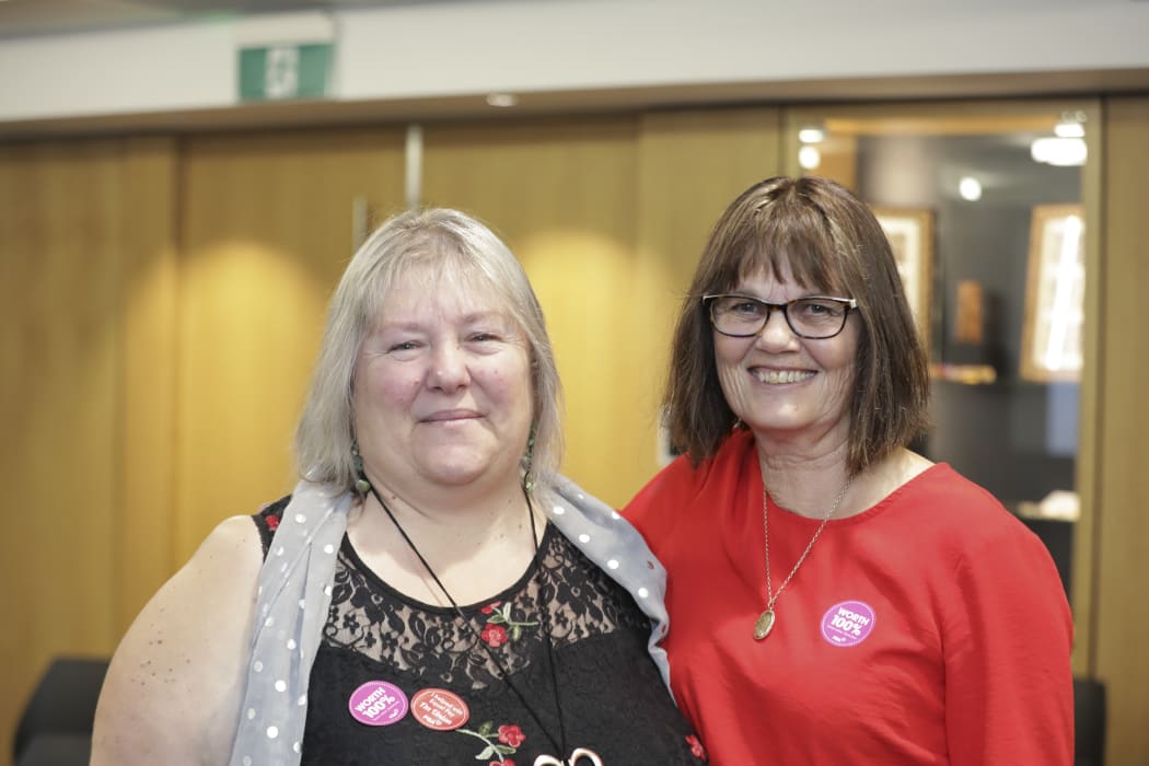 Tina Corrigan, left, and Rachael Baxter-Mackay were original pay equity claimants in 2015. The third was Pixie Stockman, who was not at the announcement on Tuesday.