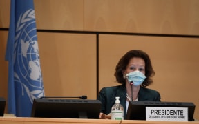 The president of the Human Rights Council, Austrian Ambassador Elisabeth Tichy-Fisslberger, wearing a protective face mask during a UN Human Rights Council session on June 15, 2020 in Geneva.