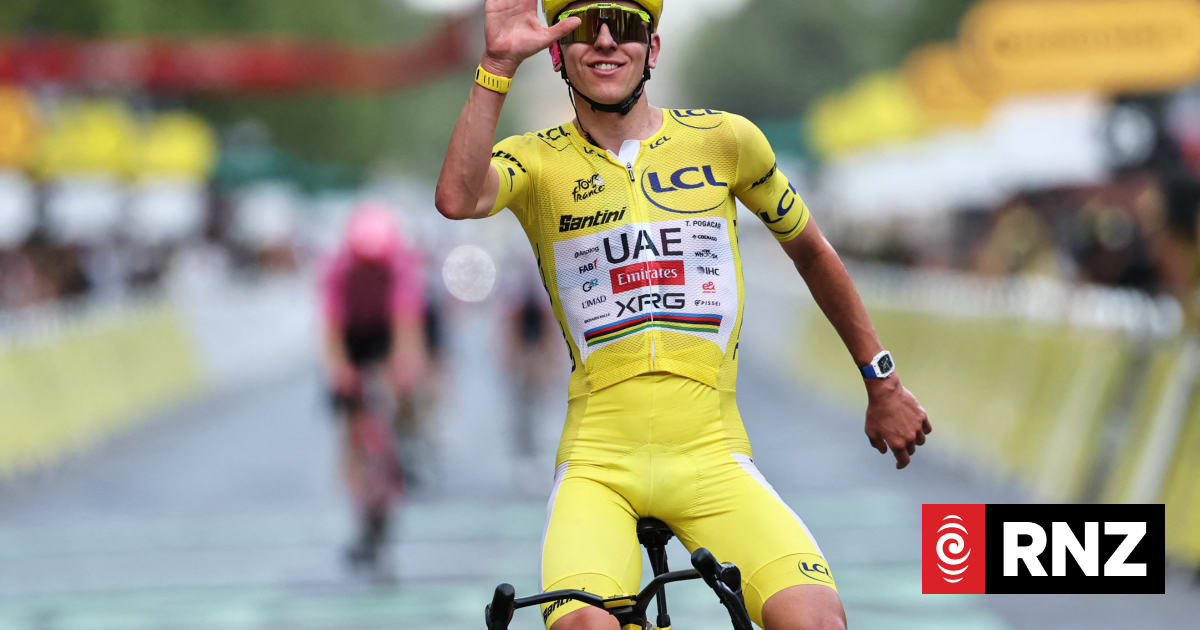 UAE Team Emirates - XRG's Slovenian rider Tadej Pogacar celebrates his overall victory, 2026 Tour de France