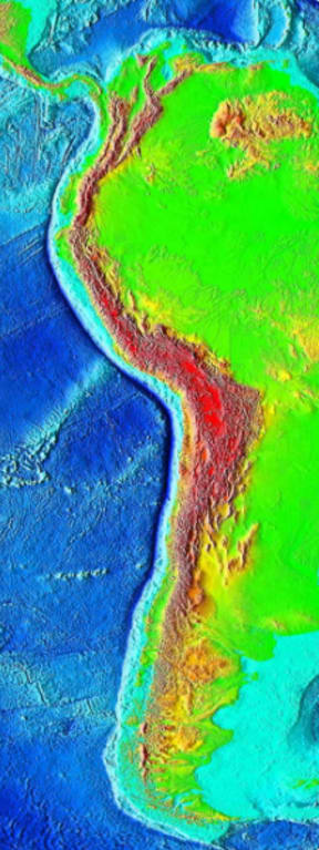 Sometimes called the Peru-Chile Trench, the Atacama Trench is visible in dark blue on this relief map (sea level is green and mountains are red).