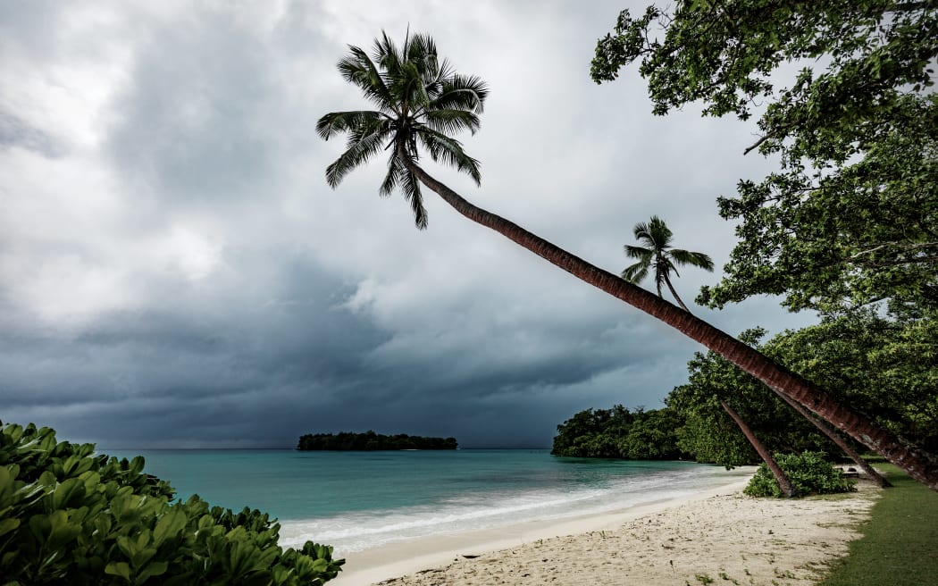 Amazing Port Orly sandy beach with palm trees, Espiritu Santo Island, Vanuatu.