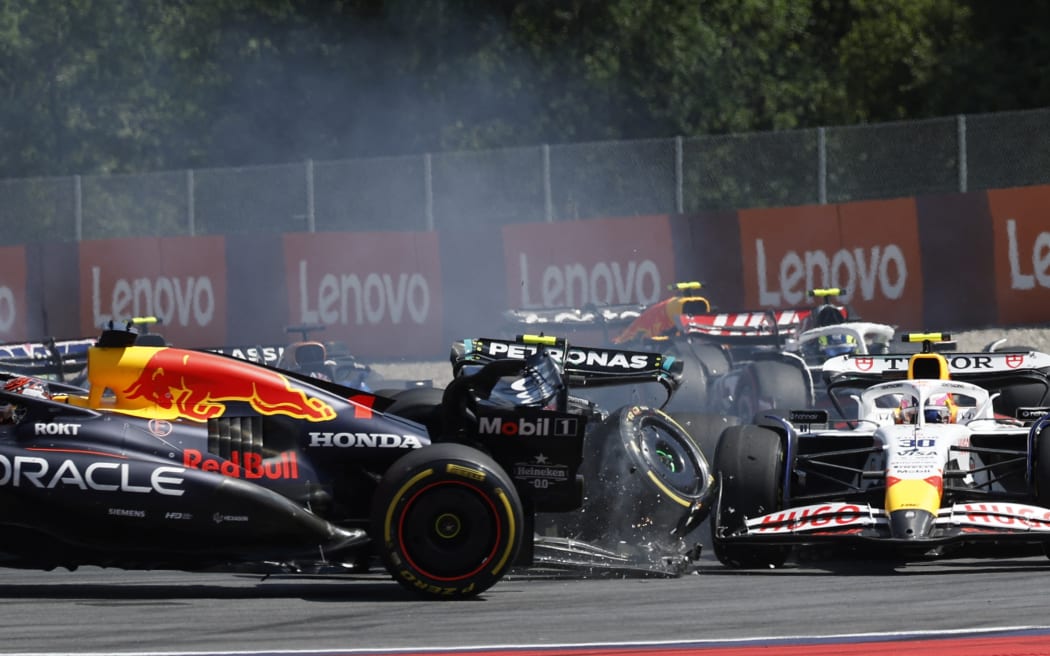 New Zealand driver Liam Lawson avoids a crash between Max Verstappen and Kimi Antonelli at the 2025 Austrian Grand Prix