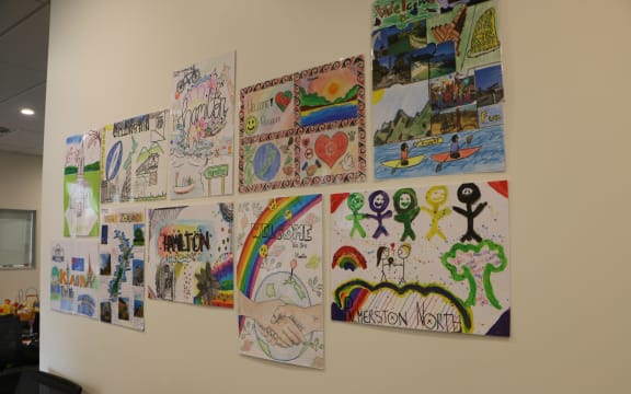 Welcome signs drawn by school students for refugees at Mangere Refugee Resettlement Centre's health centre.