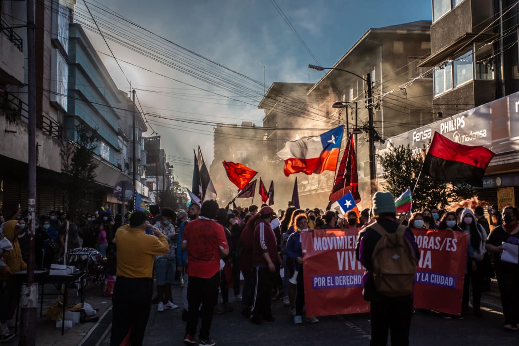 Hundreds of people demonstrate two years after the social outbreak., in Osorno, Chile.
 (Photo by Fernando Lavoz/NurPhoto) (Photo by FERNANDO LAVOZ / NurPhoto / NurPhoto via AFP)