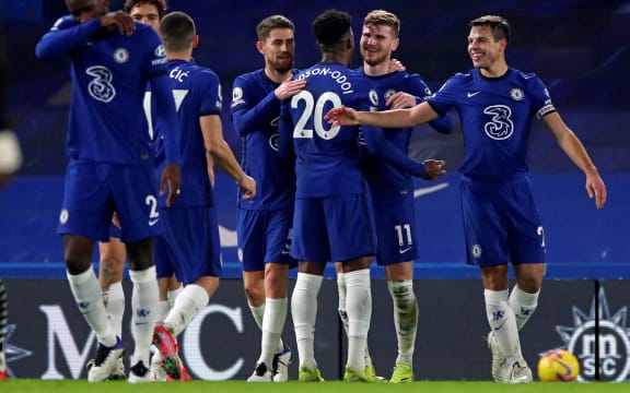 Chelsea's German striker Timo Werner (2R) celebrates scoring his team's second goal during the English Premier League football match against Newcastle United  at Stamford Bridge in London on February 15, 2021.