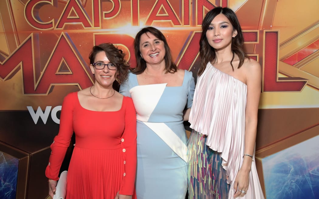 HOLLYWOOD, CA - MARCH 04: (L-R) Director/Writer Anna Boden, Executive Producer Victoria Alonso, and Actor Gemma Chan attend the Los Angeles World Premiere of Marvel Studios' "Captain Marvel" at Dolby Theatre on March 4, 2019 in Hollywood, California.   Charley Gallay/Getty Images for Disney/AFP