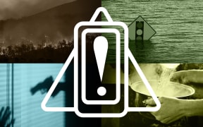Mobile emergency alert icon composite with fire, flood, weapon threat and water boiling.