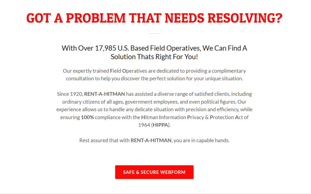 A screenshot from the website www.rentahitman.com