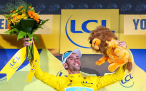 Vincenzo Nibali on the podium after winning stage two of the Tour, 2014.