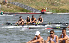 New Zealand Junior Men's Four in the semifinals. Angus Gilbert, Campbell Crouch, Elliott Jenkins and Flynn Eliadis-Watson.