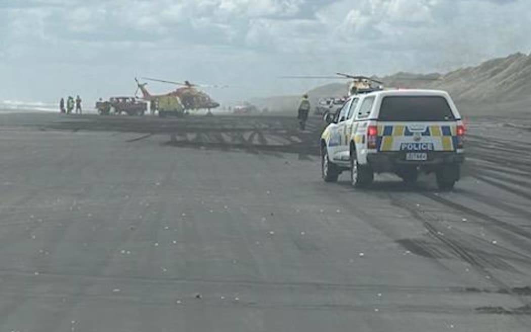 One person died and another two were injured when a vehicle rolled on Muriwai Beach northwest of Auckland on Sunday 21 January 2024.