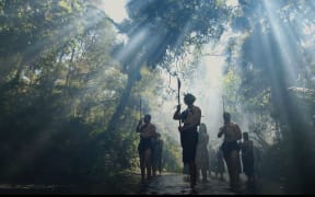 Students of Rakaumanga perform a haka in memory of the wars on Waikato