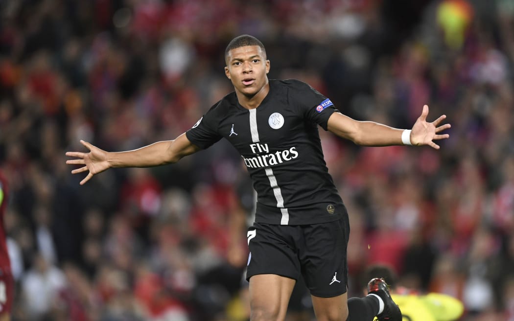 Kylian Mbappe celebrates a goal.