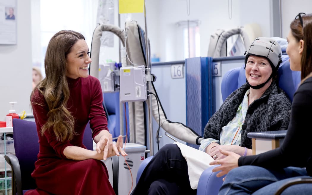 Britain's Catherine, Princess of Wales (L) talks with Katherine Field during a visit to the Royal Marsden Hospital in west London on January 14, 2025. (Photo by Chris Jackson / POOL / AFP)
