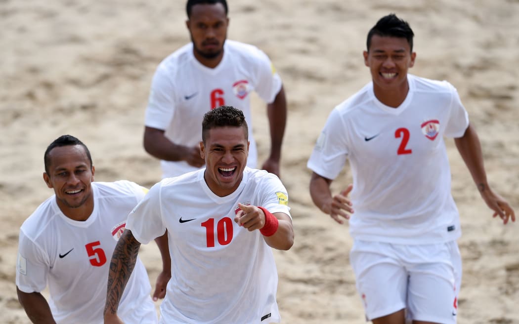 Tahiti players celebrate a goal during the 2015 Beach Soccer World Cup.