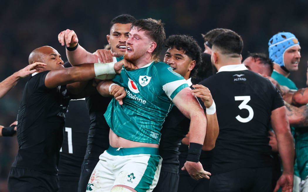 Tempers flare between the All Blacks and Ireland, Dublin 2024.