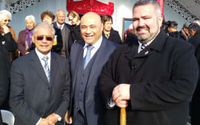 From left Ngati Tuwharetoa Paramount Chief Sir Tumu Te Heuheu, Corrections Minister Pesta Sam Lotu-liga and Tuwharetoa Settlement Trust chairman Dylan Tahau at Rongomai Marae.