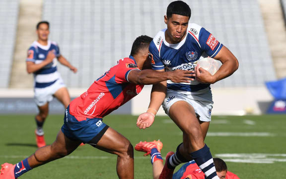 Salesi Rayasi scores during the Auckland's Mitre 10 Cup match against Tasman at Eden Park.