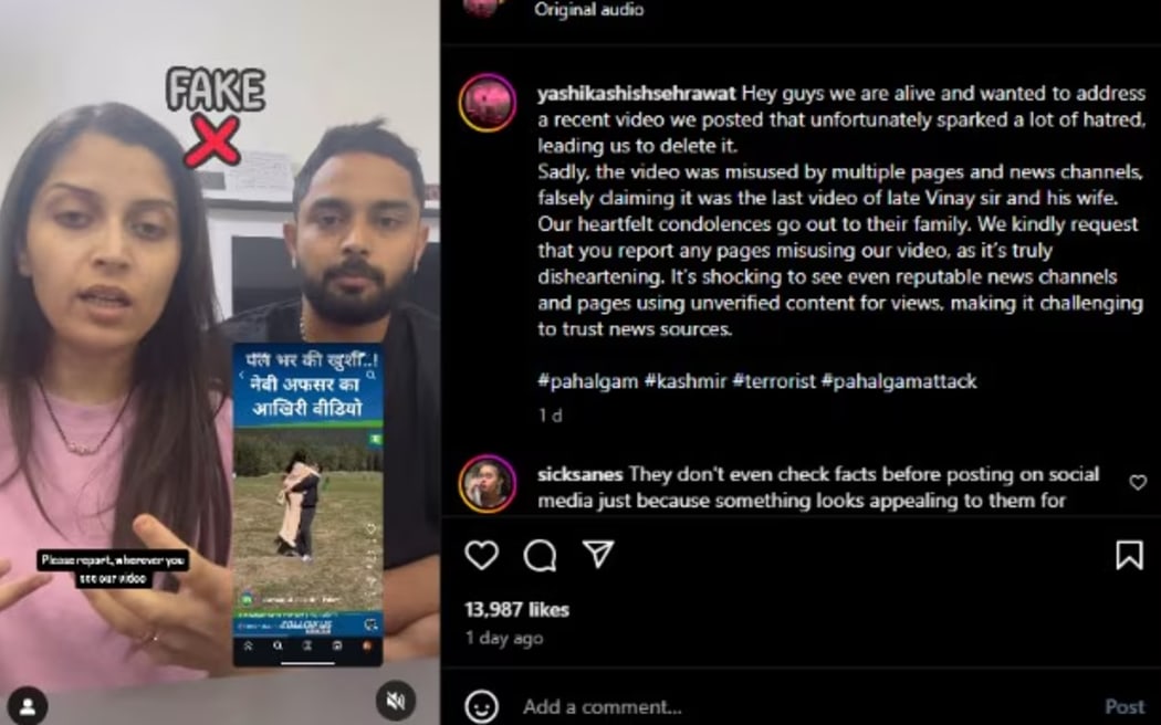 A couple made a social media post to correct the record after footage of them was spread online saying they had been killed in the April 2025 Pahalgam attack in Kashmir.