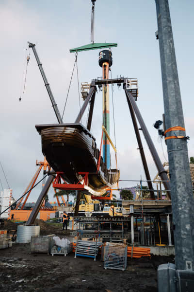 The new pirate ship being installed at Rainbow's End in 2025. The nostalgic ride was removed in 2017 but a flash new version has been brought back.