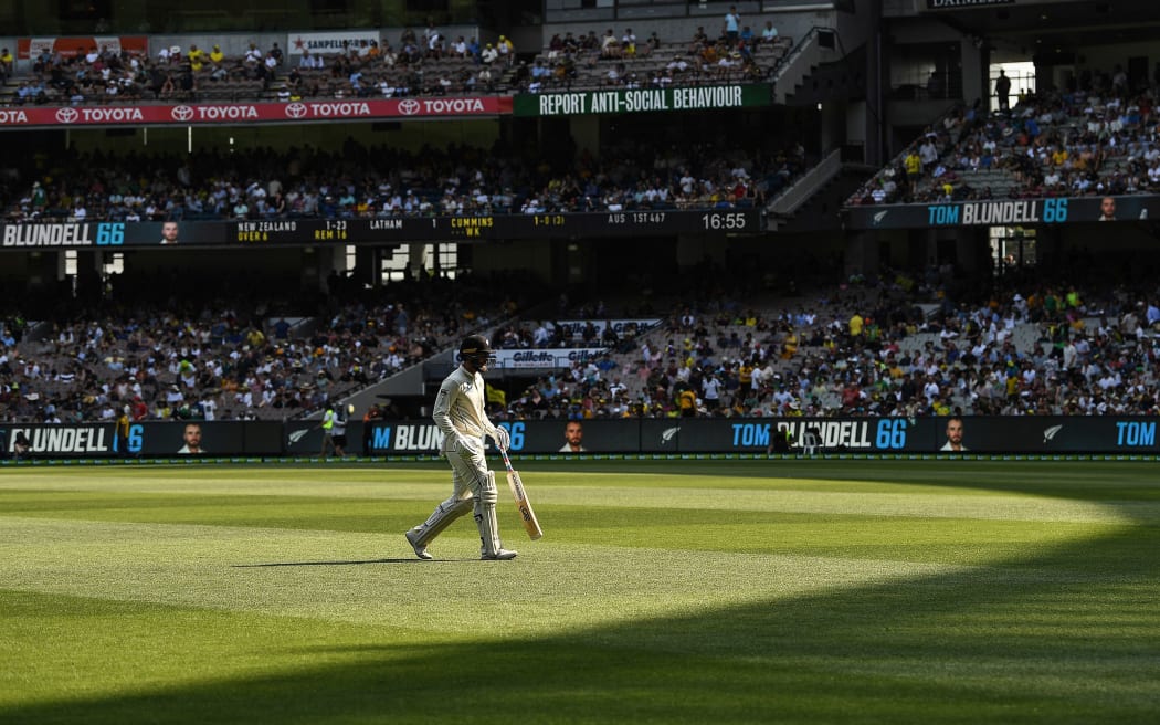 NZ opening batsman Tom Blundell heads back to the dressing room at the MCG.