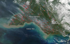 NASA image of smoke and fires in Indonesia's Papua province and neighbouring Papua New Guinea. Actively burning areas are outlined in red. September 2015.