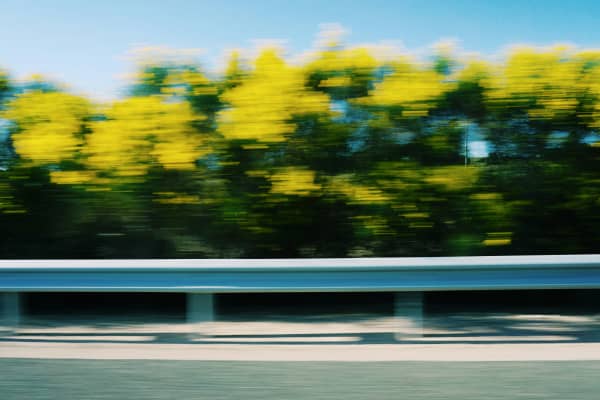 A blurred view from a car travelling on a road with trees.