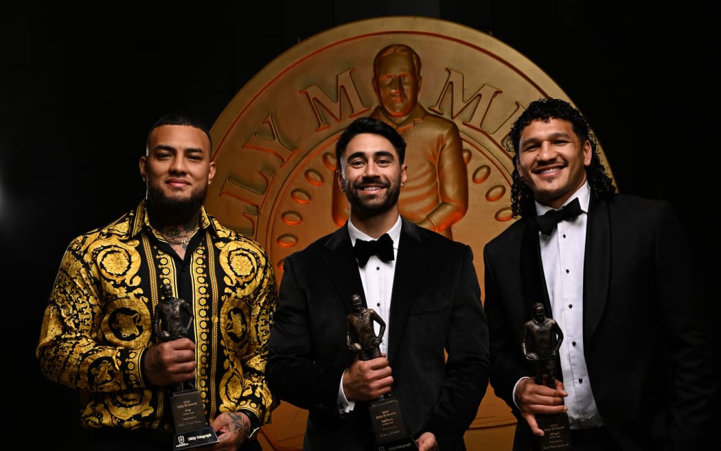 Warriors Dally M 2023 winners - Prop of the year Addin Fonua-Blake, halfback of the year Shaun Johnson and wing of the year Dallin Watene-Zelezniak.