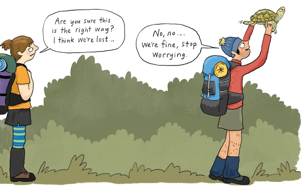 A cartoon. Two trampers are walking along a bushy trail carrying packs. The man at the front is holding a squirming turtle in the air for directions. The woman at the rear asks: "Are you sure this is the right way? I think we're lost..." and the man, smiling, replies "No, no... we're fine, stop worrying."