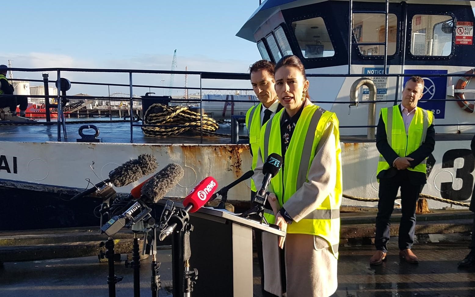 PM Jacinda Ardern and Fisheries Minister Stuart Nash, left,announcing commercial fishing vessels deemed to be at the greatest risk of encountering Māui dolphins will be required to operate with on-board cameras from November.