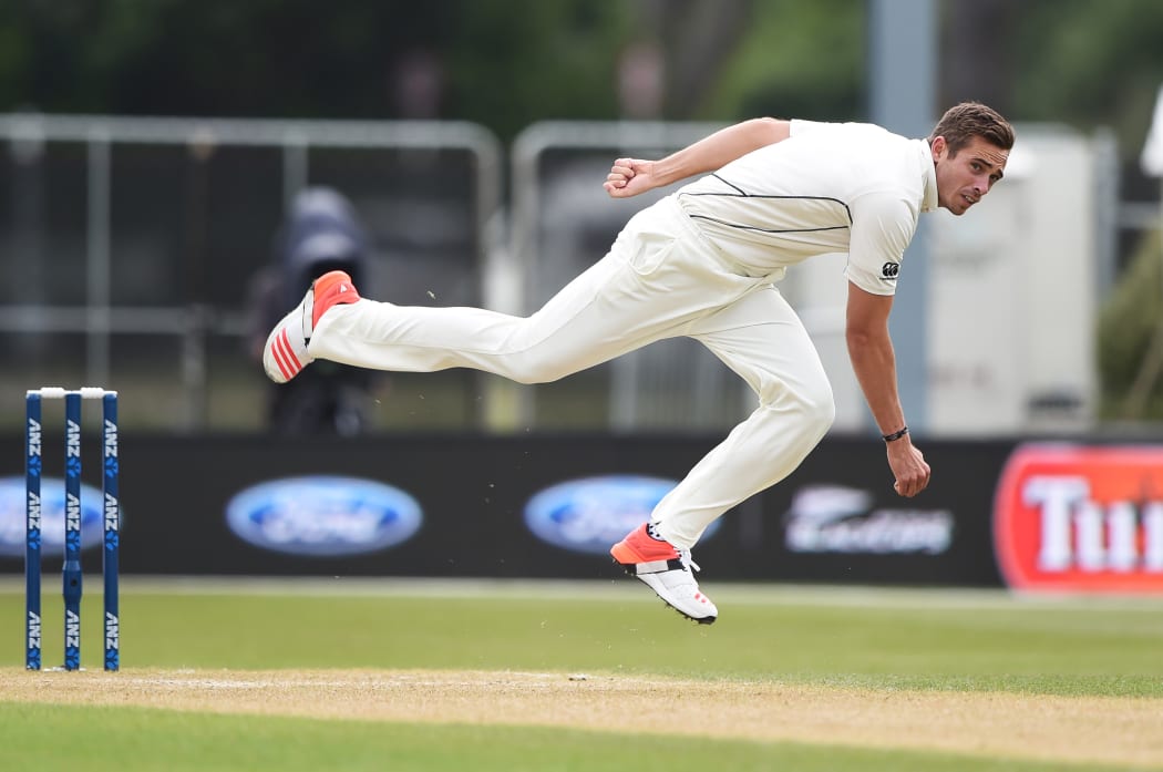 Tim Southee bowling during day 3 of the 1st cricket test match between New Zealand Black Caps and Sri Lanka at University Oval, Dunedin, New Zealand.