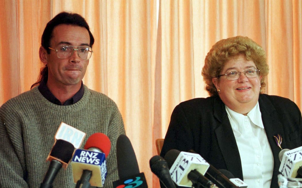 CHRISTCHURCH, NEW ZEALAND - FEBRUARY 02: 2000  Convicted child molester Peter Ellis, who was released from Paparua Prison near Christchurch Wednesday morning, after serving seven years of a tenyear sentence, with his lawyer Judith AblettKerr, at a press conference held in Christchurch.  (Photo by Paddy Dillon/Getty Images)