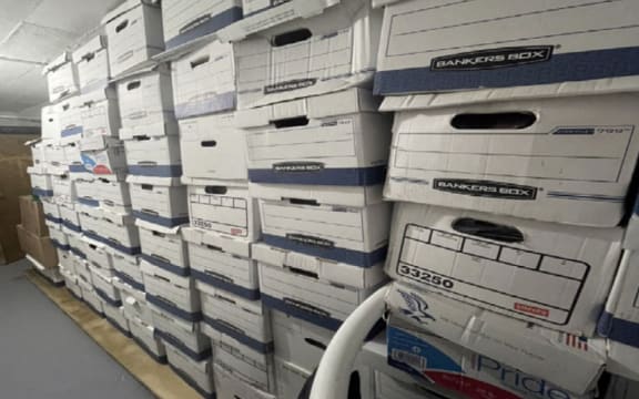 This undated image, released by the US District Court Southern District of Florida, attached as evidence in the indictment against former US president Donald Trump shows stacks of boxes in a storage room allegedly at Mar-a-Lago, the former presidents private club. Federal prosecutors unsealed a wide-ranging indictment of Donald Trump on Friday, accusing the former US president of endangering national security by holding on to top secret nuclear and defense documents after leaving the White House. (Photo by Handout / US DEPARTMENT OF JUSTICE / AFP) / RESTRICTED TO EDITORIAL USE - MANDATORY CREDIT "AFP PHOTO / US DISTRICT COURT SOUTHERN DISTRICT OF FLORIDA" - NO MARKETING NO ADVERTISING CAMPAIGNS - DISTRIBUTED AS A SERVICE TO CLIENTS