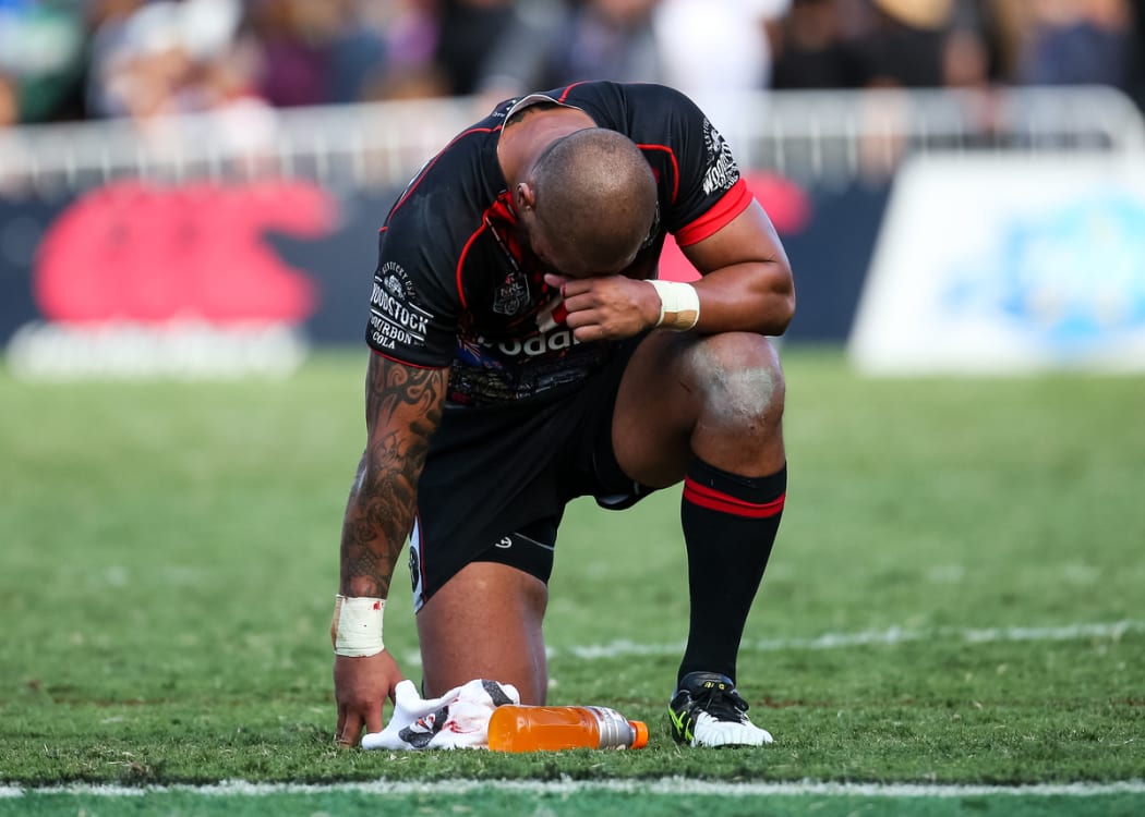 Warriors Manu Vatuvei dejected after the Warriors lose the 
NRL Rugby League match - Warriors v Titans, played on Saturday 25 April 2015 at Mount Smart Stadium.