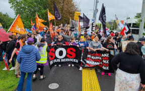 Protesters in the 'mega strike' in Hamilton, October 2025.