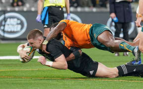 All Blacks Jordie Barrett scores the winning try against the Wallabies 2022.