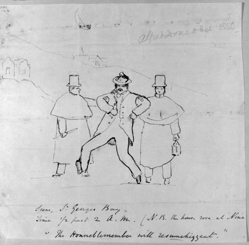 Alfred Domett's 1856 sketch of a parliamentarian, flanked by two police officers, staggering home from parliament worse for wear.