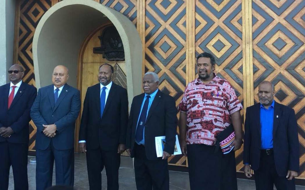 Leading delegates at the 2018 Melanesian Spearhead Group summit in Port Moresby, including Charlot Salwai and Rick Hou, prime ministers of Vanuatu and Solomon Islands (third and fourth from the left) and West Papuan leader Benny Wenda far right).