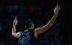 Tai Wesley celebrates a three pointer against the Sydney Kings, Vector Arena, Auckland, Friday 11 December 2015. Photo: Anthony Au-Yeung / www.photosport.nz