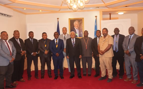 The 11 newly appointed ministers of the Crown pose for group photo with Governor-General Sir David Vunagi and Prime Minister Manele. 4 May 2024