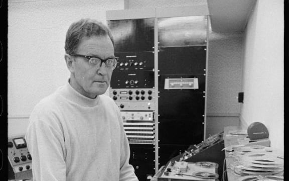 Composer Douglas Lilburn in the electronic music studio at Victoria University, Wellington, circa 30 August 1969.