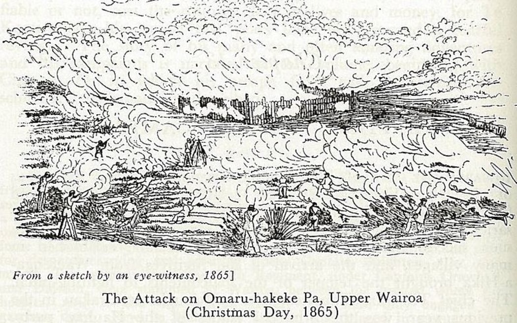A sketch of the Battle of Omaruhakeke in 1865.
