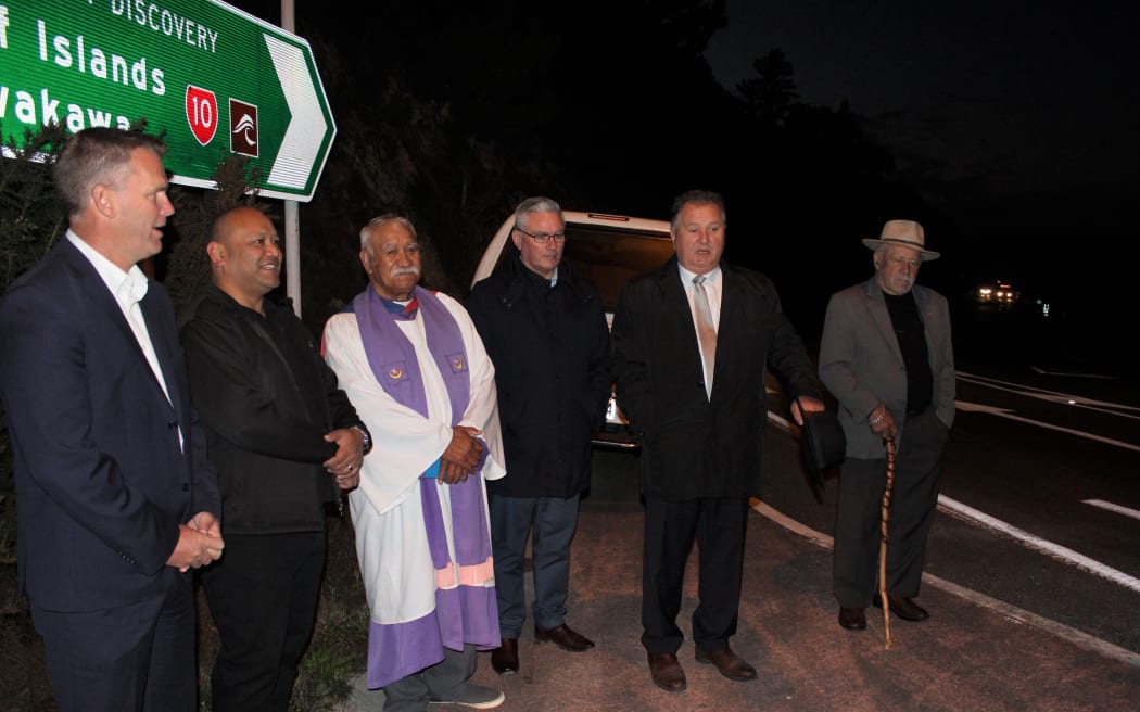 Dignitaries gather at the Kāeo Bridge construction site for a pre-dawn blessing in April 2019. Covid and budget shortfalls delayed the project for another two years. Photo: Peter de Graaf