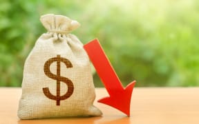 Dollar money bag and red arrow down. Economic decline. Depreciation of national currency. Devaluation. Crisis and economic shock. Discount rate reduction. Deterioration of economy growth forecast.