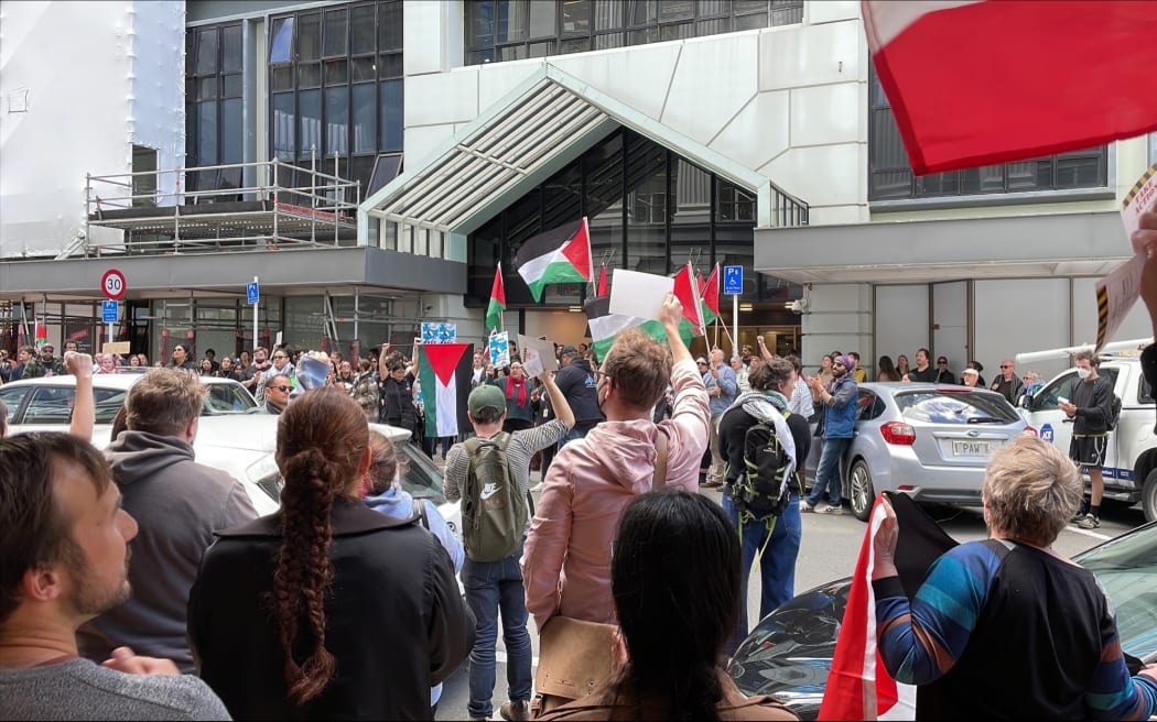 About 80 Palestinian supporters protesting outside the Israeli Embassy in Wellington on 9 November 2023.